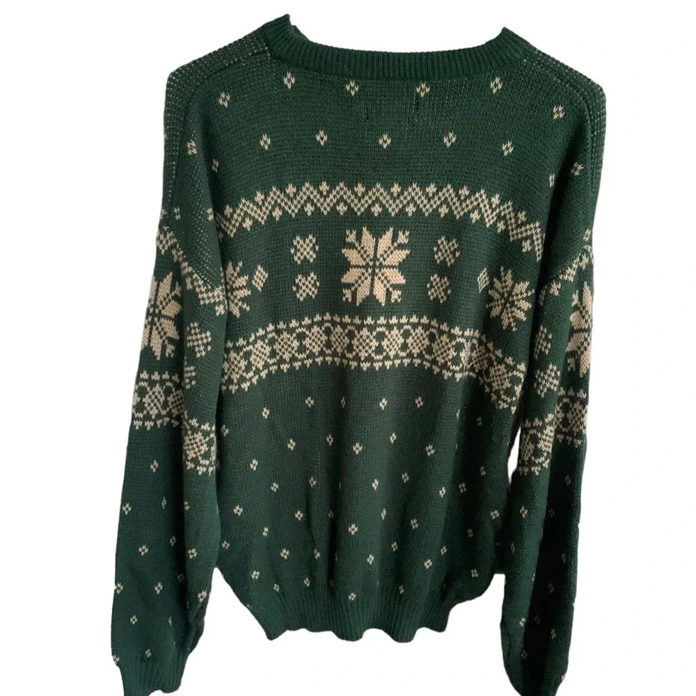 Vintage 80s 90s Men's Women's Green Snowflake Fair Isle Sweater ITC Size L